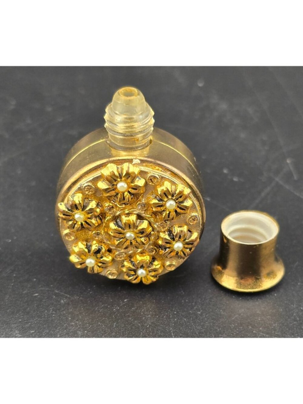 Vintage Gold Metal Floral Perfume Bottle With Faux Pearl Accents 2"  Empty - Picture 7 of 9